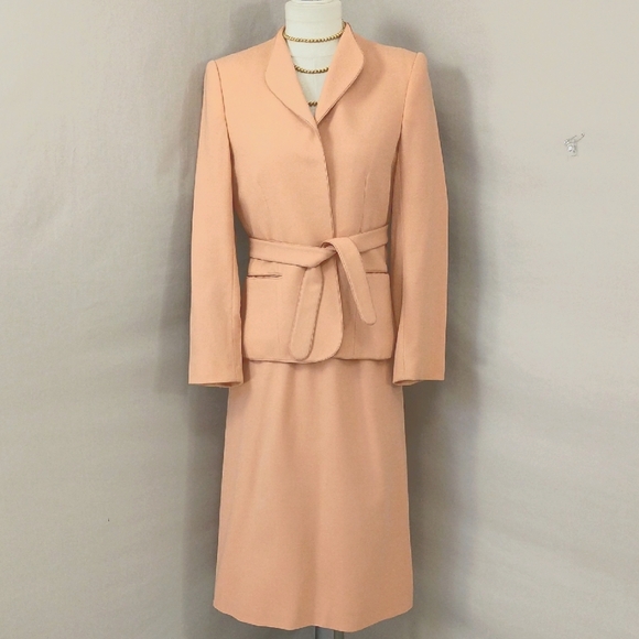 Vintage Diane Von Furstenberg Pink Wool Suit Skirt & Belted Jacket Wool Designer